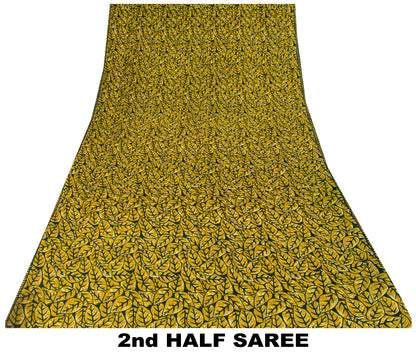 Sanskriti Vintage Soft Green 100% Pure Crepe Silk Sari Leaf Printed Saree 5.5Yd