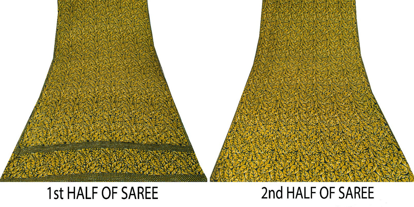 Sanskriti Vintage Soft Green 100% Pure Crepe Silk Sari Leaf Printed Saree 5.5Yd