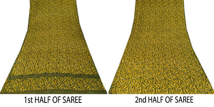 Sanskriti Vintage Soft Green 100% Pure Crepe Silk Sari Leaf Printed Saree 5.5Yd