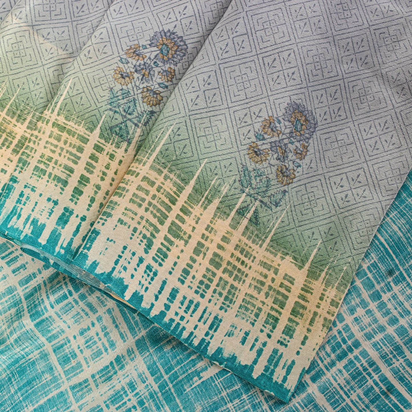 Sanskriti Vintage Soft Blue Pure Crepe Sari Floral Geometric Printed Saree 6+Yd