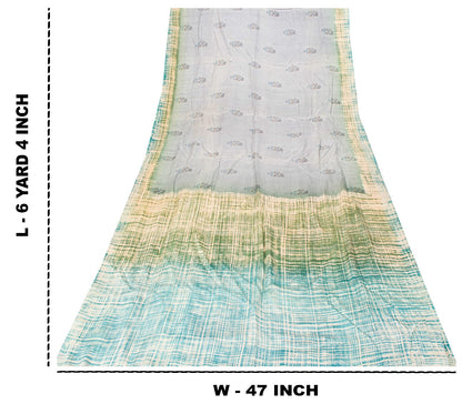 Sanskriti Vintage Soft Blue Pure Crepe Sari Floral Geometric Printed Saree 6+Yd