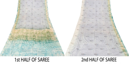 Sanskriti Vintage Soft Blue Pure Crepe Sari Floral Geometric Printed Saree 6+Yd