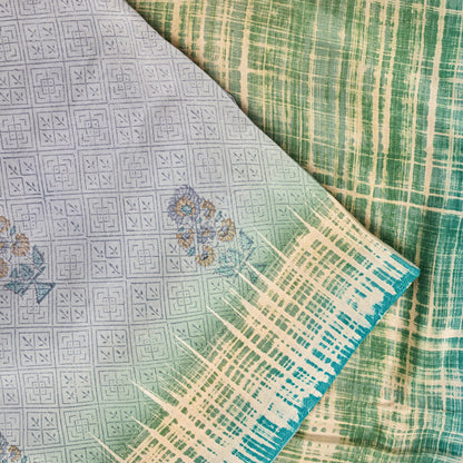 Sanskriti Vintage Soft Blue Pure Crepe Sari Floral Geometric Printed Saree 6+Yd