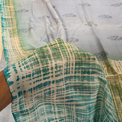 Sanskriti Vintage Soft Blue Pure Crepe Sari Floral Geometric Printed Saree 6+Yd