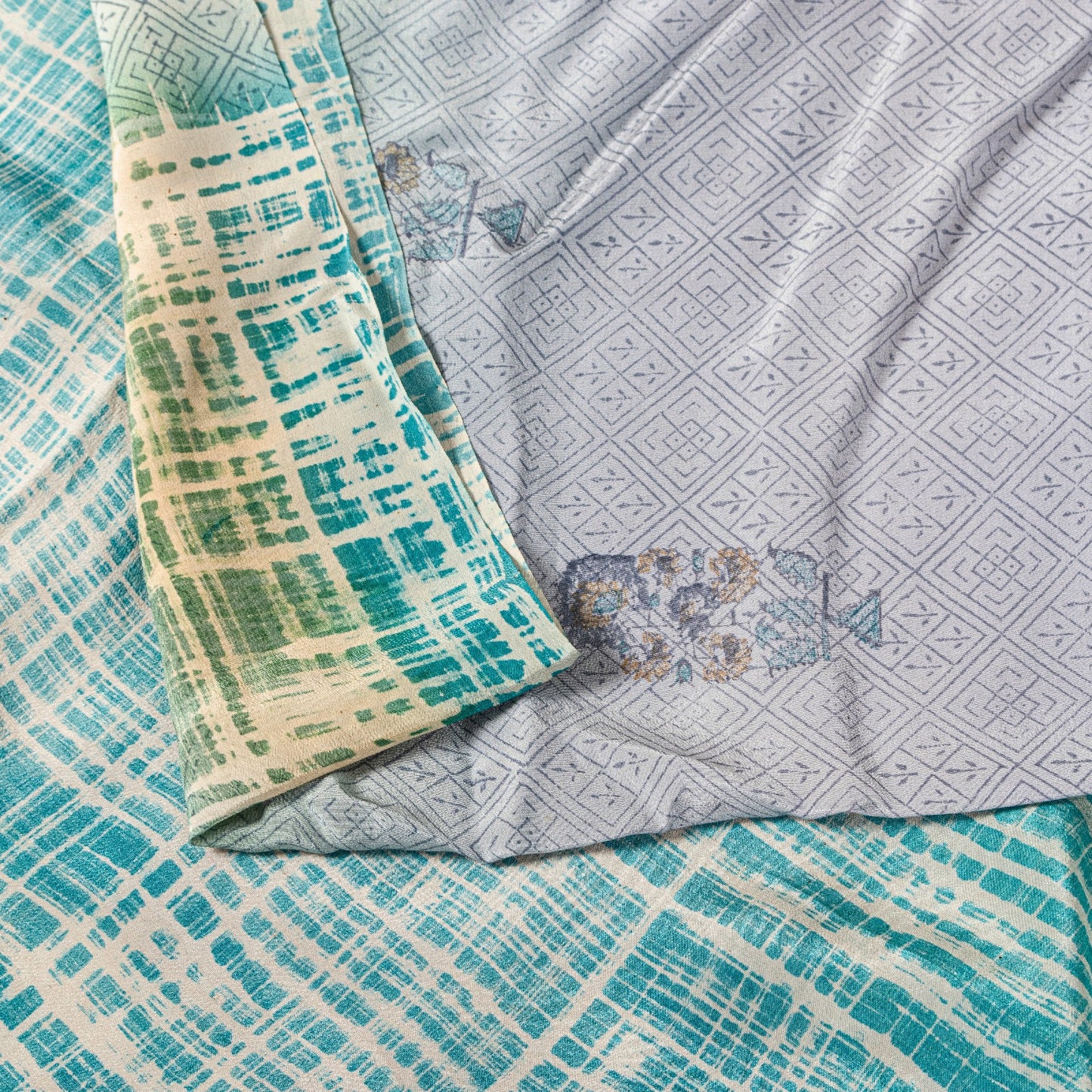 Sanskriti Vintage Soft Blue Pure Crepe Sari Floral Geometric Printed Saree 6+Yd