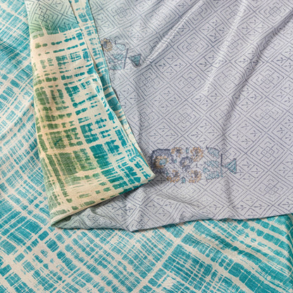 Sanskriti Vintage Soft Blue Pure Crepe Sari Floral Geometric Printed Saree 6+Yd