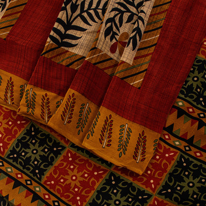 Sanskriti Vintage Soft Red-Cream Pure Crepe Silk Sari Floral Printed Saree 5.5Yd