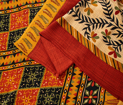 Sanskriti Vintage Soft Red-Cream Pure Crepe Silk Sari Floral Printed Saree 5.5Yd