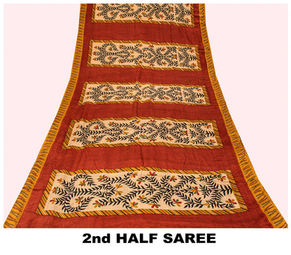 Sanskriti Vintage Soft Red-Cream Pure Crepe Silk Sari Floral Printed Saree 5.5Yd