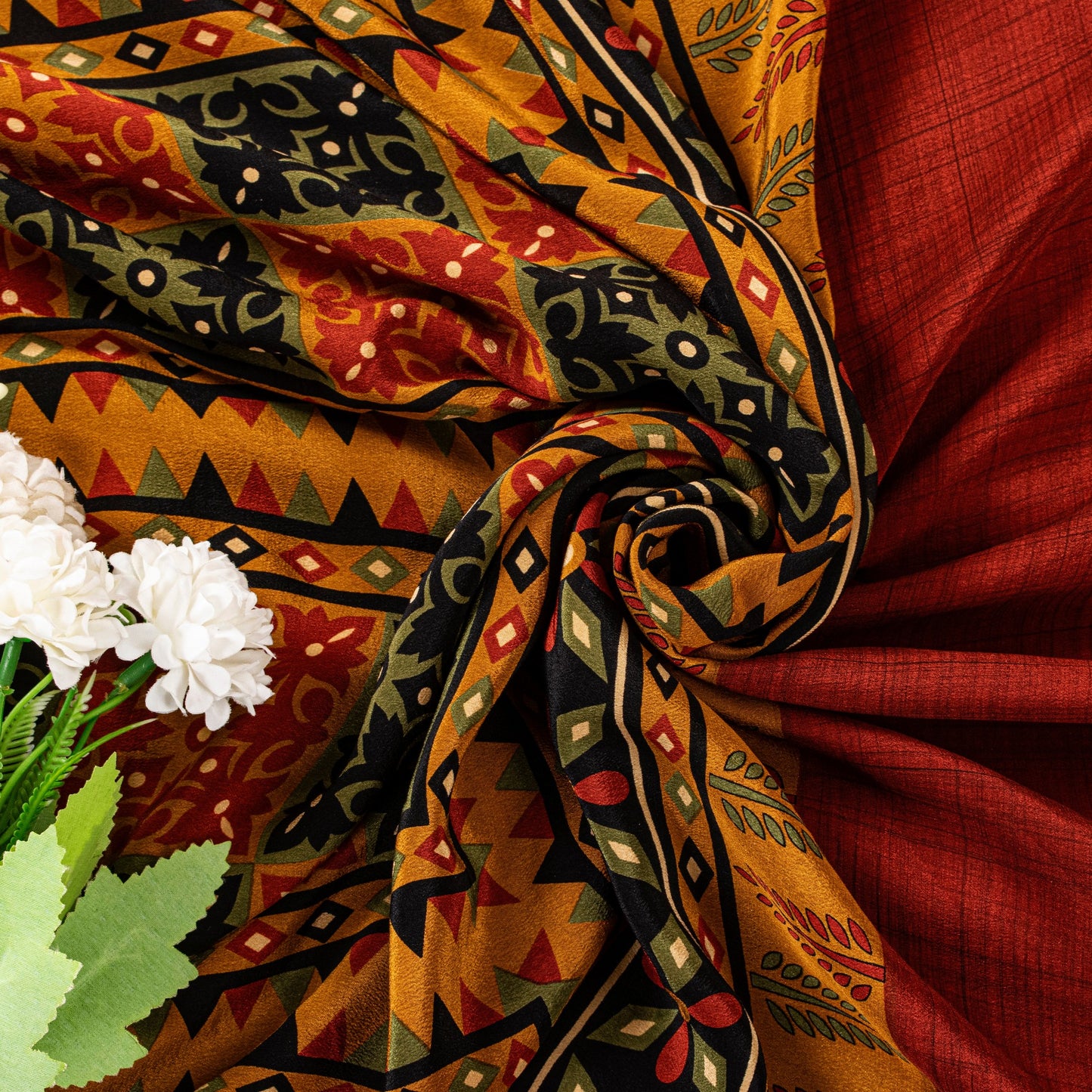 Sanskriti Vintage Soft Red-Cream Pure Crepe Silk Sari Floral Printed Saree 5.5Yd