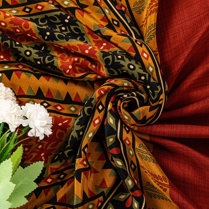Sanskriti Vintage Soft Red-Cream Pure Crepe Silk Sari Floral Printed Saree 5.5Yd