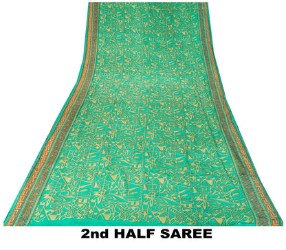 Sanskriti Vintage Soft Green 100%Pure Crepe Silk Sari Abstract Print Saree 5.5Yd