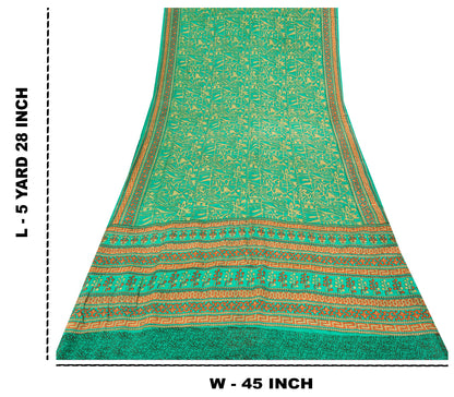 Sanskriti Vintage Soft Green 100%Pure Crepe Silk Sari Abstract Print Saree 5.5Yd