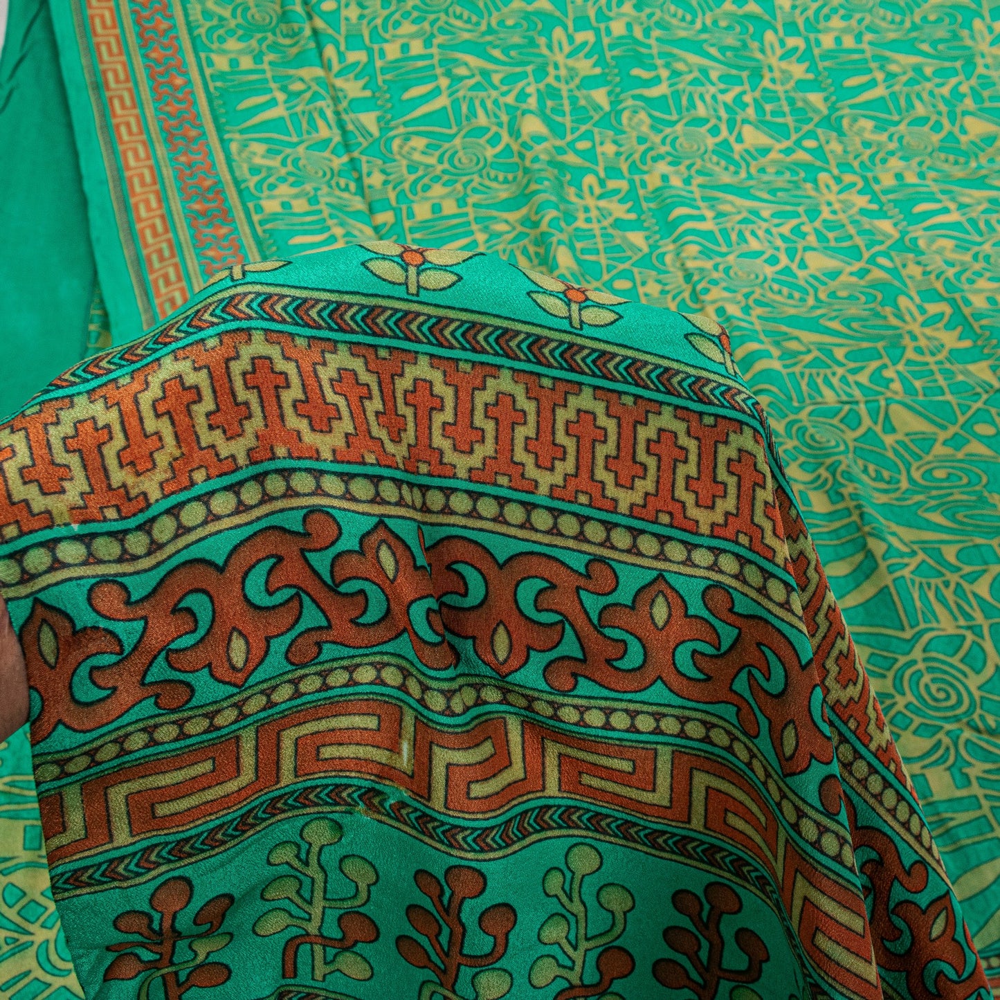 Sanskriti Vintage Soft Green 100%Pure Crepe Silk Sari Abstract Print Saree 5.5Yd