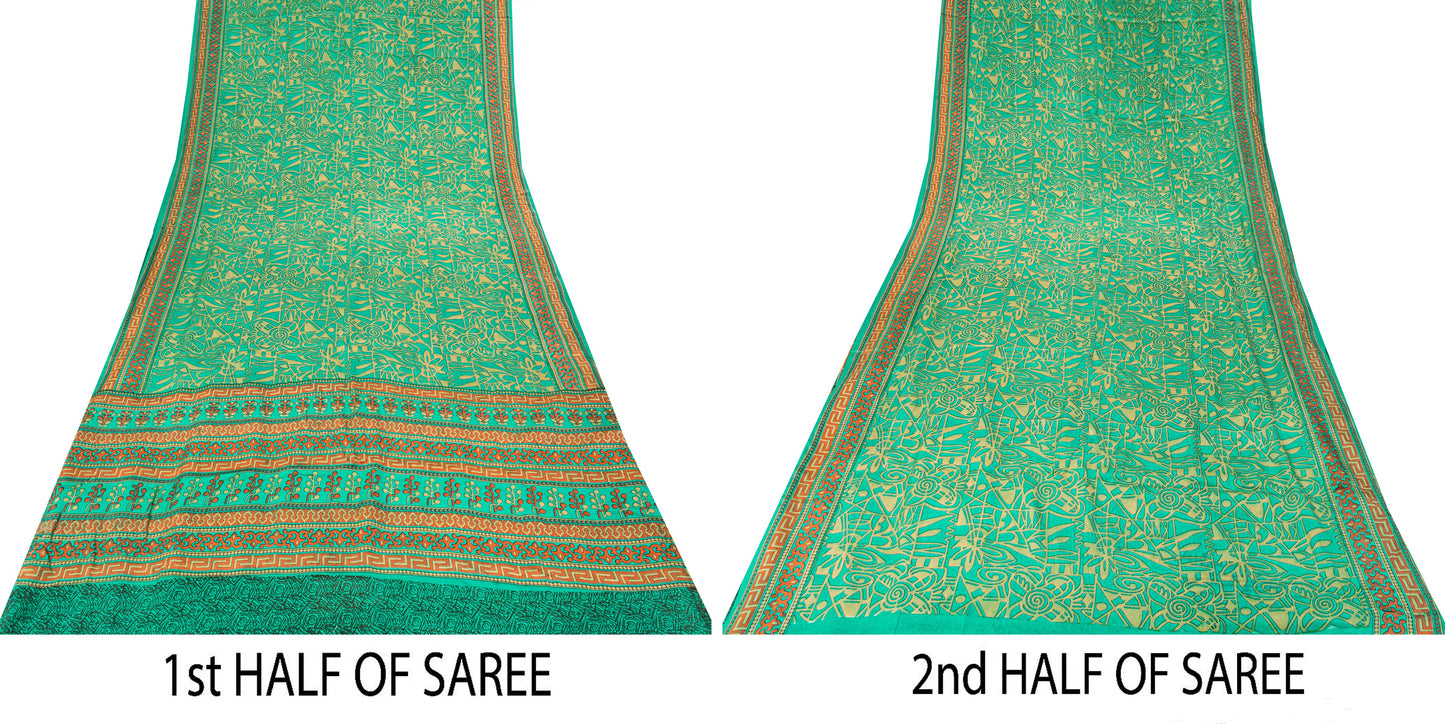 Sanskriti Vintage Soft Green 100%Pure Crepe Silk Sari Abstract Print Saree 5.5Yd