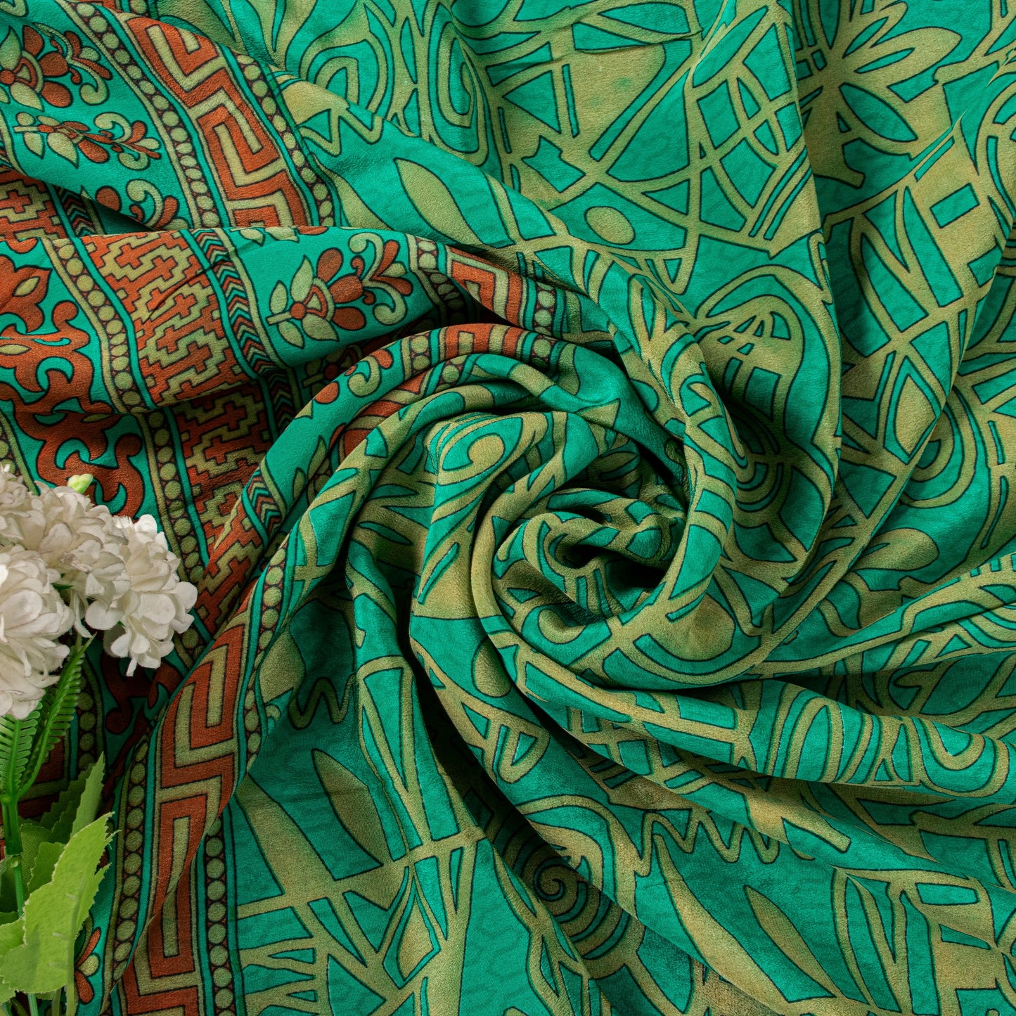 Sanskriti Vintage Soft Green 100%Pure Crepe Silk Sari Abstract Print Saree 5.5Yd