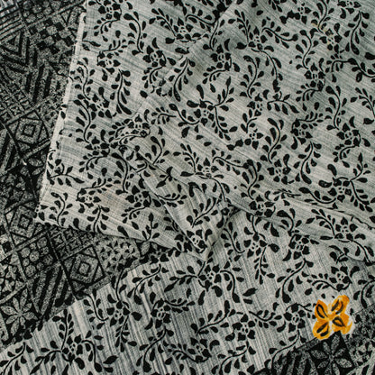 Sanskriti Vintage Black-White Soft Pure Crepe Sari Digital Printed Saree 5.5Yard