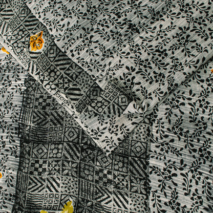 Sanskriti Vintage Black-White Soft Pure Crepe Sari Digital Printed Saree 5.5Yard