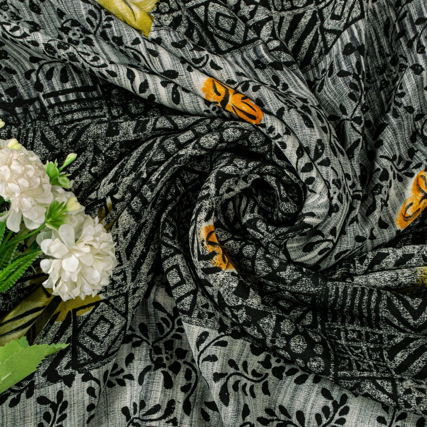 Sanskriti Vintage Black-White Soft Pure Crepe Sari Digital Printed Saree 5.5Yard