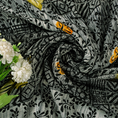 Sanskriti Vintage Black-White Soft Pure Crepe Sari Digital Printed Saree 5.5Yard