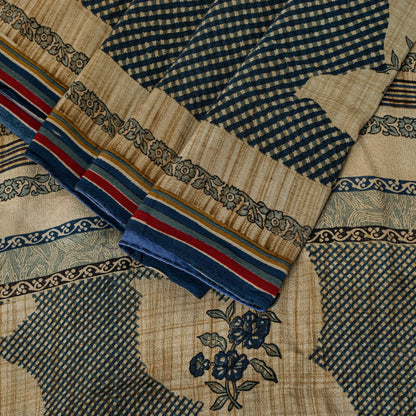 Sanskriti Vintage Dark Blue 100% Pure Crepe Silk Sari Floral Printed Saree 5.5Yd