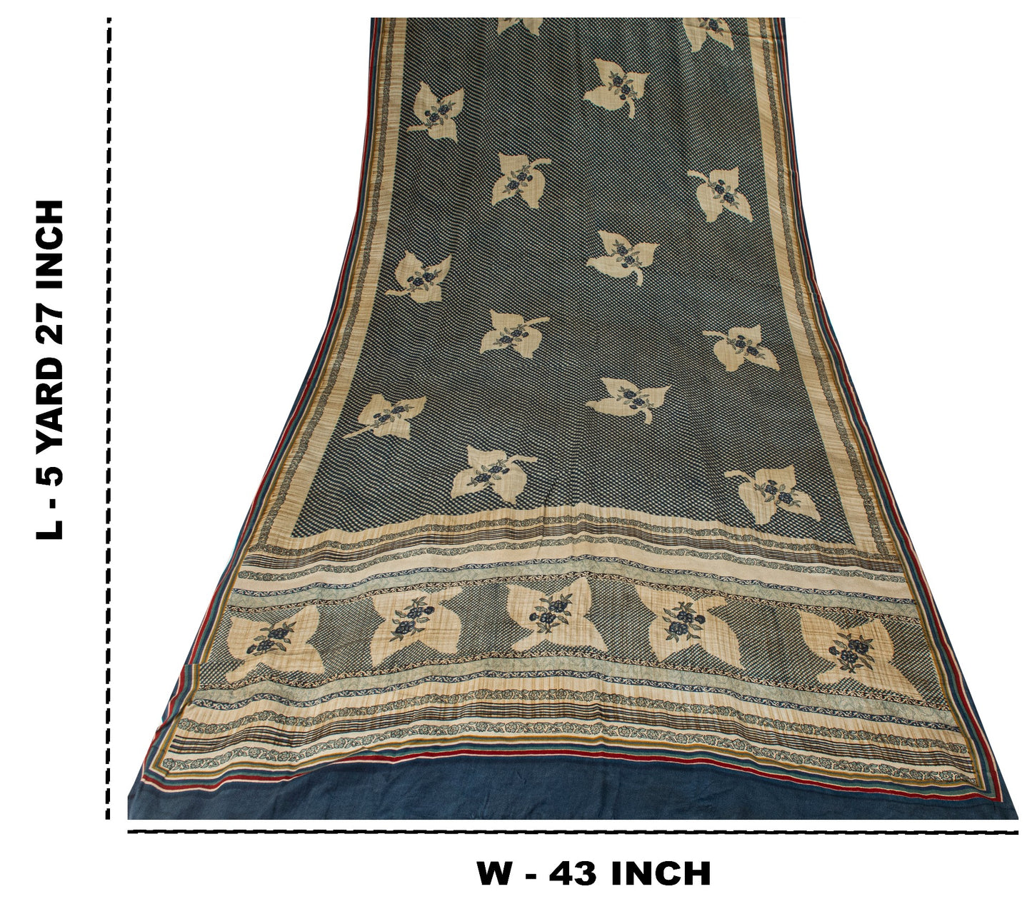 Sanskriti Vintage Dark Blue 100% Pure Crepe Silk Sari Floral Printed Saree 5.5Yd