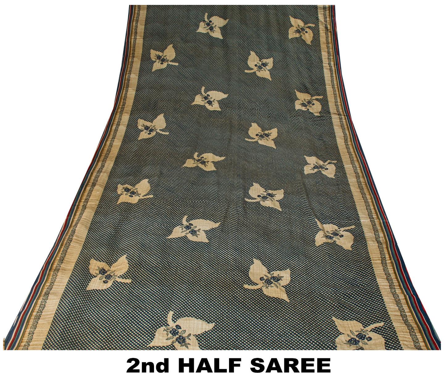Sanskriti Vintage Dark Blue 100% Pure Crepe Silk Sari Floral Printed Saree 5.5Yd
