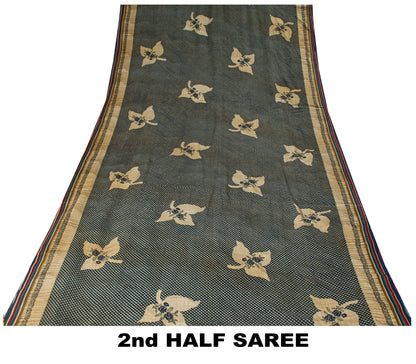 Sanskriti Vintage Dark Blue 100% Pure Crepe Silk Sari Floral Printed Saree 5.5Yd