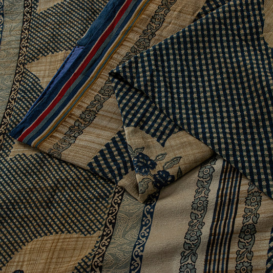 Sanskriti Vintage Dark Blue 100% Pure Crepe Silk Sari Floral Printed Saree 5.5Yd