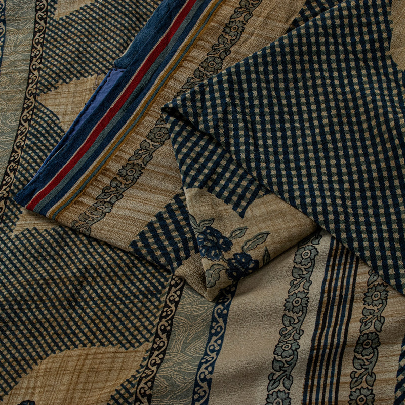 Sanskriti Vintage Dark Blue 100% Pure Crepe Silk Sari Floral Printed Saree 5.5Yd