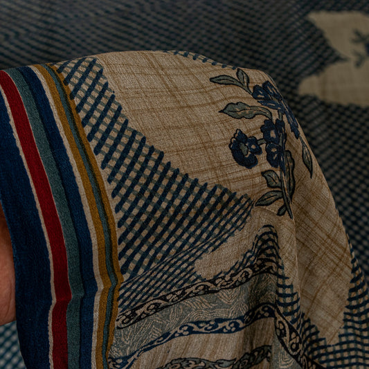 Sanskriti Vintage Dark Blue 100% Pure Crepe Silk Sari Floral Printed Saree 5.5Yd
