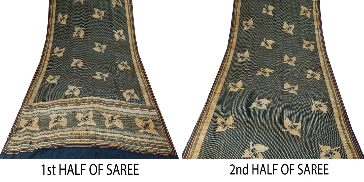 Sanskriti Vintage Dark Blue 100% Pure Crepe Silk Sari Floral Printed Saree 5.5Yd