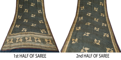 Sanskriti Vintage Dark Blue 100% Pure Crepe Silk Sari Floral Printed Saree 5.5Yd
