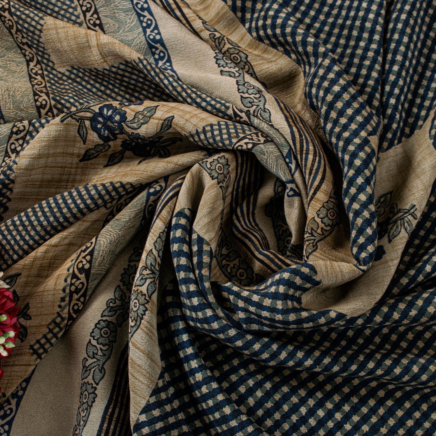 Sanskriti Vintage Dark Blue 100% Pure Crepe Silk Sari Floral Printed Saree 5.5Yd