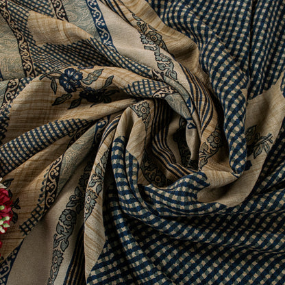 Sanskriti Vintage Dark Blue 100% Pure Crepe Silk Sari Floral Printed Saree 5.5Yd