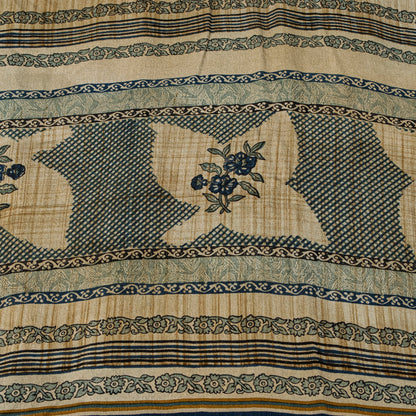 Sanskriti Vintage Dark Blue 100% Pure Crepe Silk Sari Floral Printed Saree 5.5Yd
