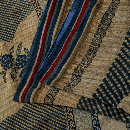 Sanskriti Vintage Dark Blue 100% Pure Crepe Silk Sari Floral Printed Saree 5.5Yd