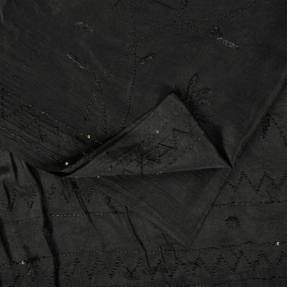 Sanskriti Vintage Black Pure Crepe Silk Sari Hand Embroidery Sequins Saree 5.5YD