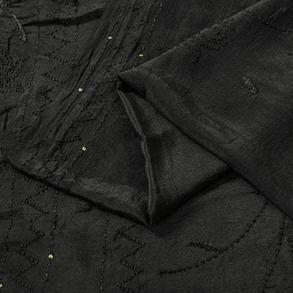 Sanskriti Vintage Black Pure Crepe Silk Sari Hand Embroidery Sequins Saree 5.5YD