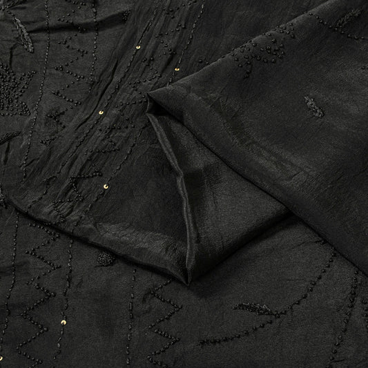 Sanskriti Vintage Black Pure Crepe Silk Sari Hand Embroidery Sequins Saree 5.5YD