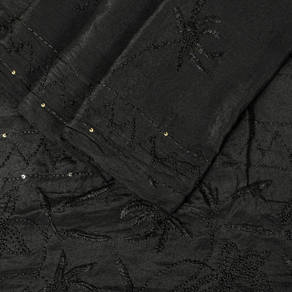 Sanskriti Vintage Black Pure Crepe Silk Sari Hand Embroidery Sequins Saree 5.5YD