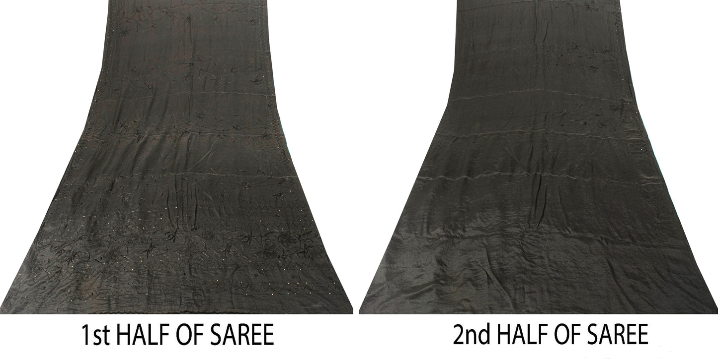 Sanskriti Vintage Black Pure Crepe Silk Sari Hand Embroidery Sequins Saree 5.5YD