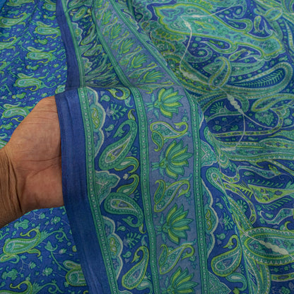 Sanskriti Vintage Saree Blue Pure Crepe Paisley Print Sari 6Yard Craft Fabric