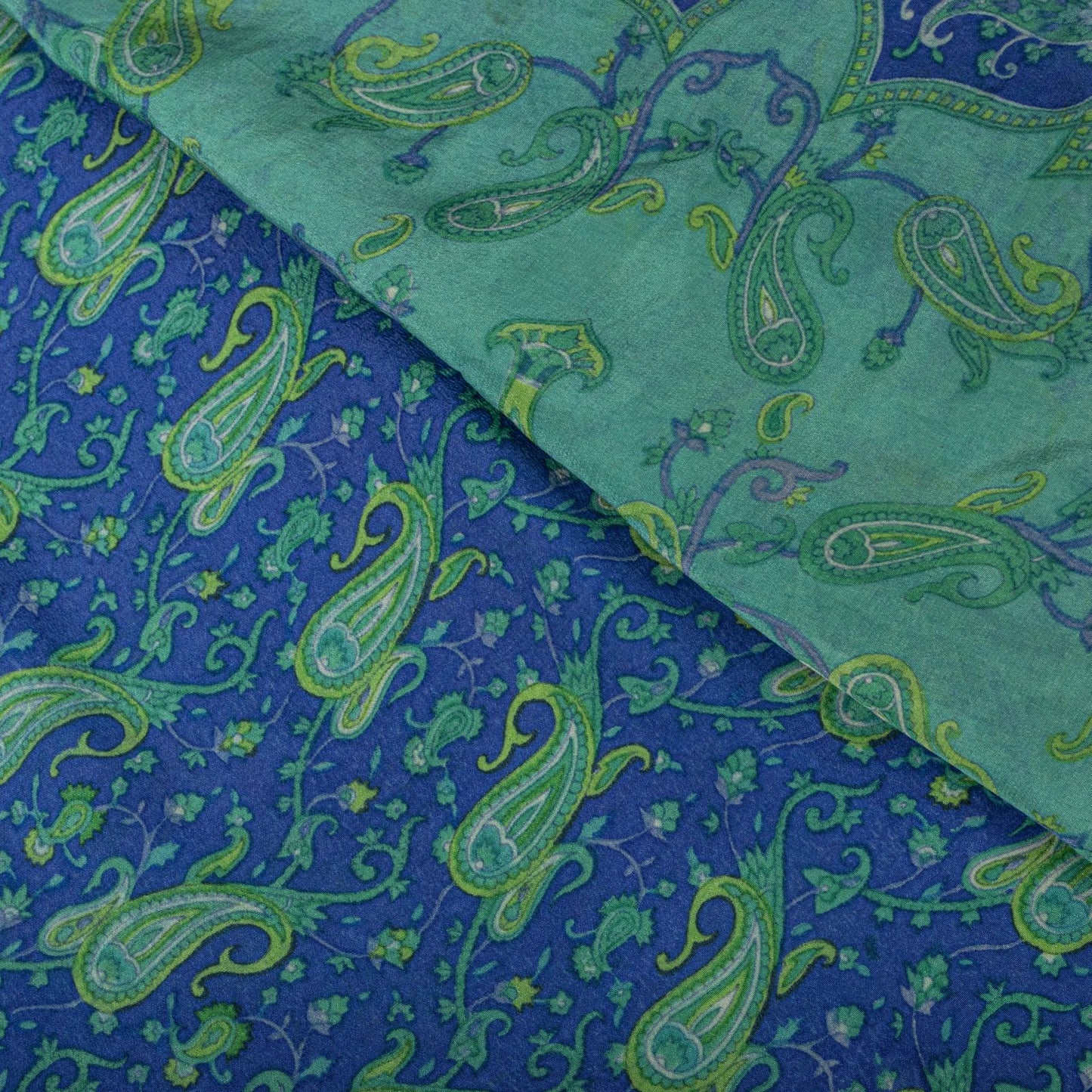 Sanskriti Vintage Saree Blue Pure Crepe Paisley Print Sari 6Yard Craft Fabric