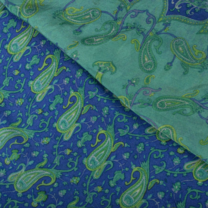 Sanskriti Vintage Saree Blue Pure Crepe Paisley Print Sari 6Yard Craft Fabric