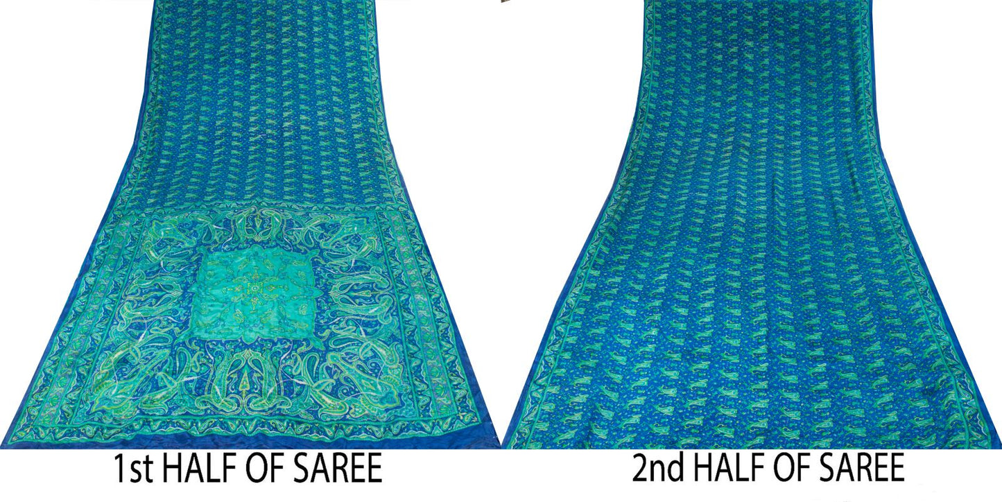 Sanskriti Vintage Saree Blue Pure Crepe Paisley Print Sari 6Yard Craft Fabric