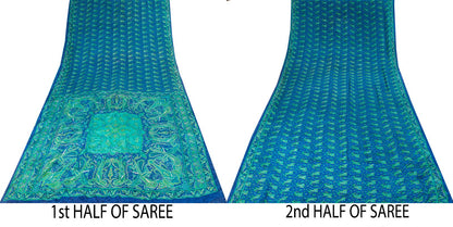 Sanskriti Vintage Saree Blue Pure Crepe Paisley Print Sari 6Yard Craft Fabric