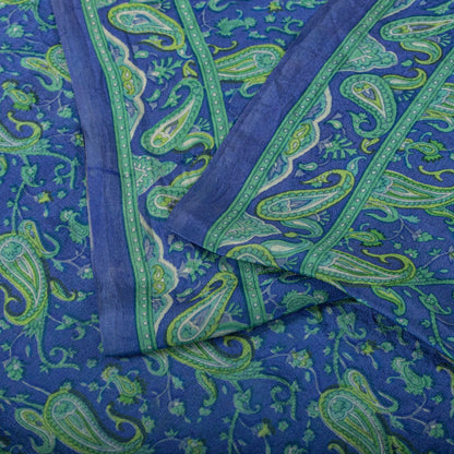 Sanskriti Vintage Saree Blue Pure Crepe Paisley Print Sari 6Yard Craft Fabric
