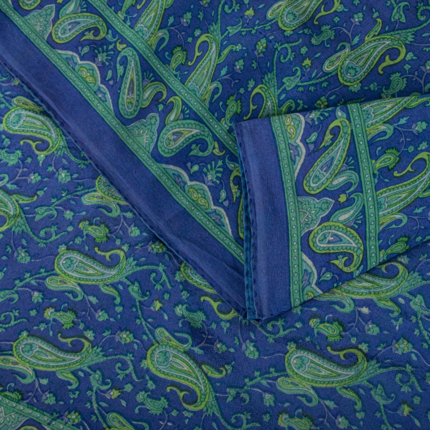Sanskriti Vintage Saree Blue Pure Crepe Paisley Print Sari 6Yard Craft Fabric