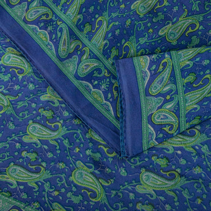 Sanskriti Vintage Saree Blue Pure Crepe Paisley Print Sari 6Yard Craft Fabric